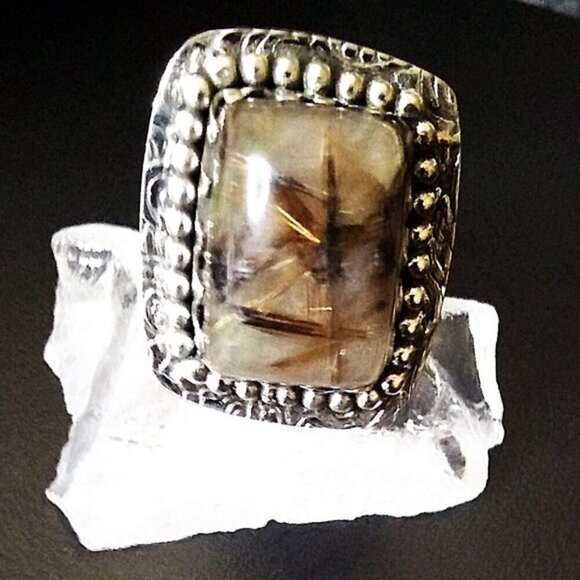 Sz 6.5 ~ Rutilated Quartz Ring! Square Cabochon! SouthWest Vibe! Wide Cigarband - Picture 2 of 10